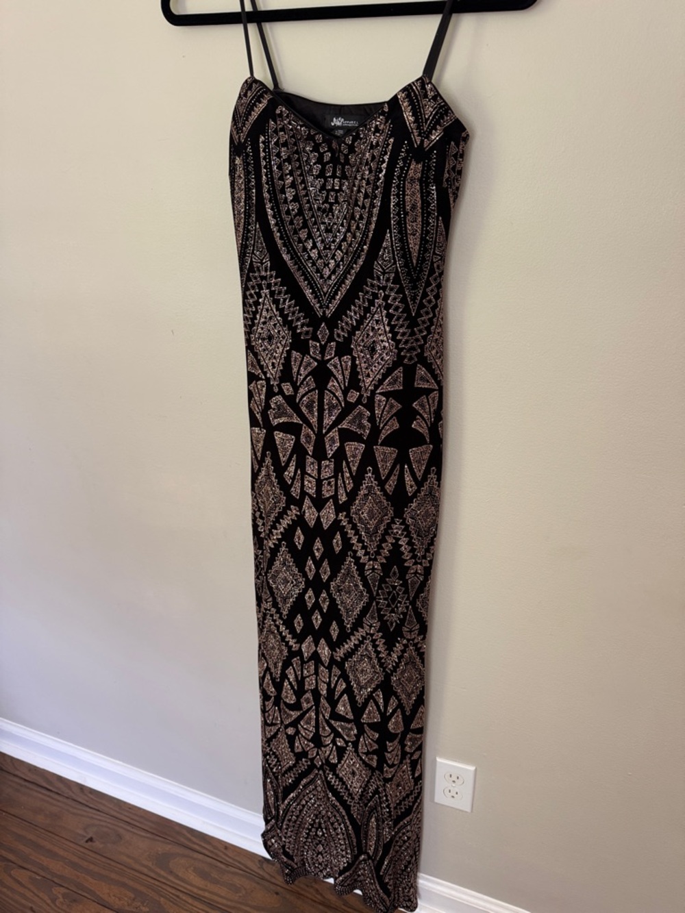 Black and Beige Patterned Maxi Dress -Strapless